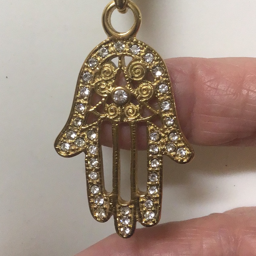 Sparkly Gold Stainless Steel W/ Rhinestones Hamsa Symbol Pendant W/ Ss Chain.
